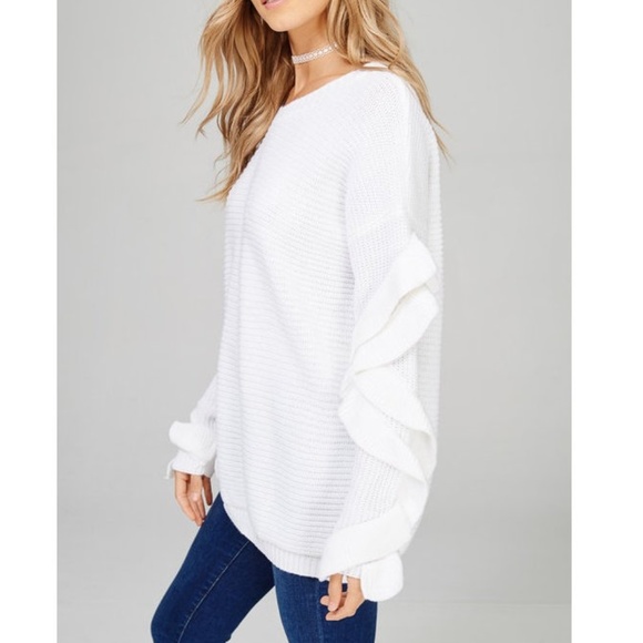 White Ruffle Sleeve Ribbed Sweater Pullover - Picture 5 of 8